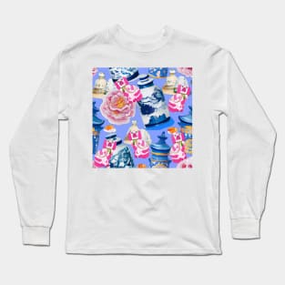 Pink Staffordshire dogs, roses and chinoiserie jars on lavender background Long Sleeve T-Shirt